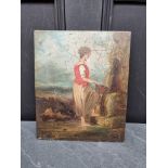 European School, 19th century, young lady with a pail, oil on panel, 30.5 x 25.5cm, unframed.