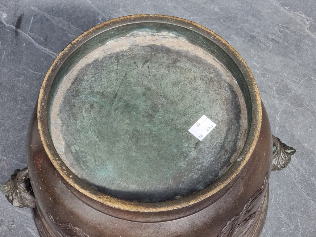 A large Japanese bronze twin handled censor, 20cm high x 28.5cm diameter. - Image 4 of 4