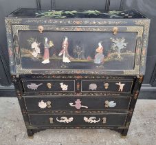 A reproduction Chinese black lacquered, bone and hardstone inlaid bureau, 91.5cm wide.