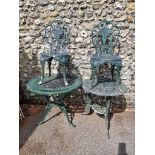 Two green painted aluminium garden tables, largest 80.5cm diameter; and a pair of similar chairs. (