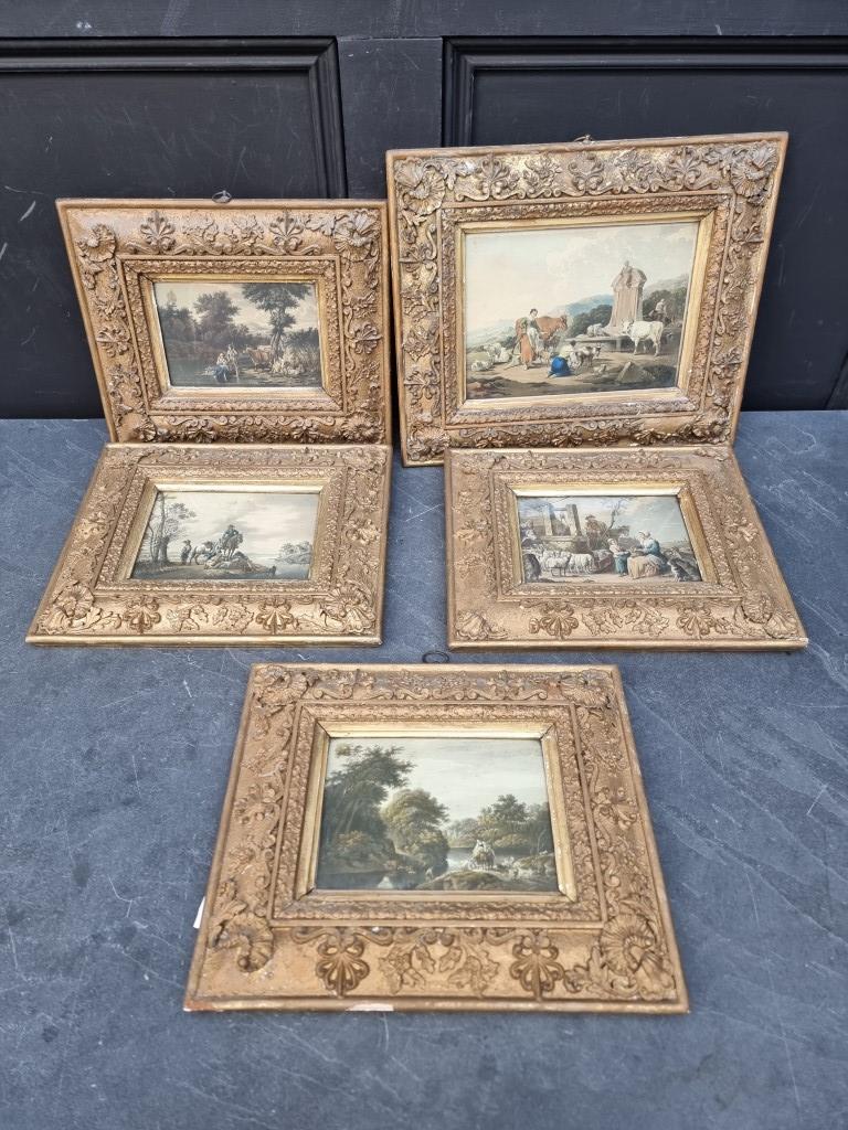 A set of five antique gilt framed prints, largest 17 x 24cm.
