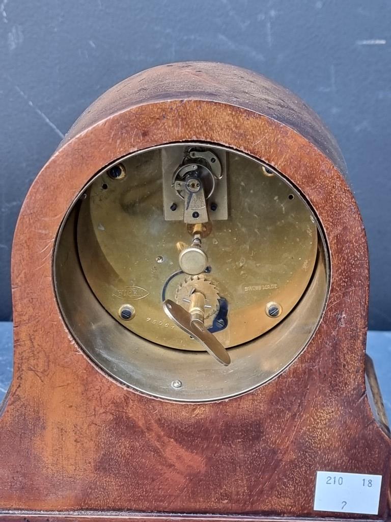 An early 20th century mahogany and inlaid mantel timepiece, 18cm high, (repairs to dial). - Image 6 of 6