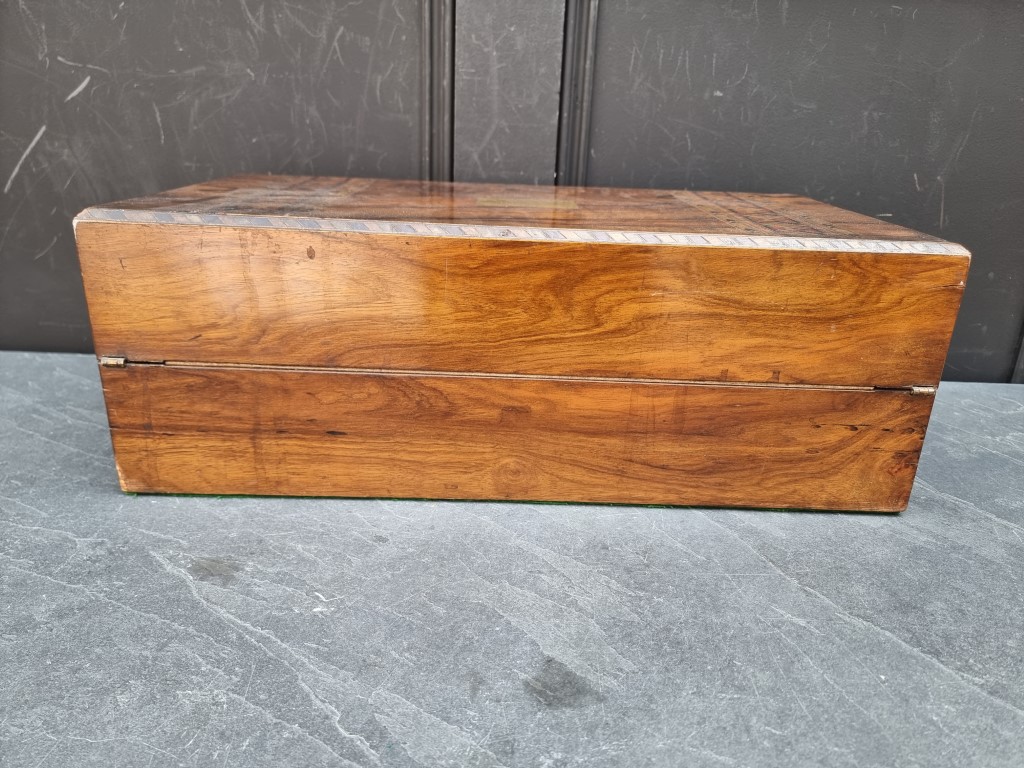 A Victorian figured walnut and parquetry writing slope, 50cm wide. - Image 5 of 11
