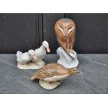 A Royal Copenhagen owl, 21cm high, (small chip); together with a similar quail, 19cm long; and