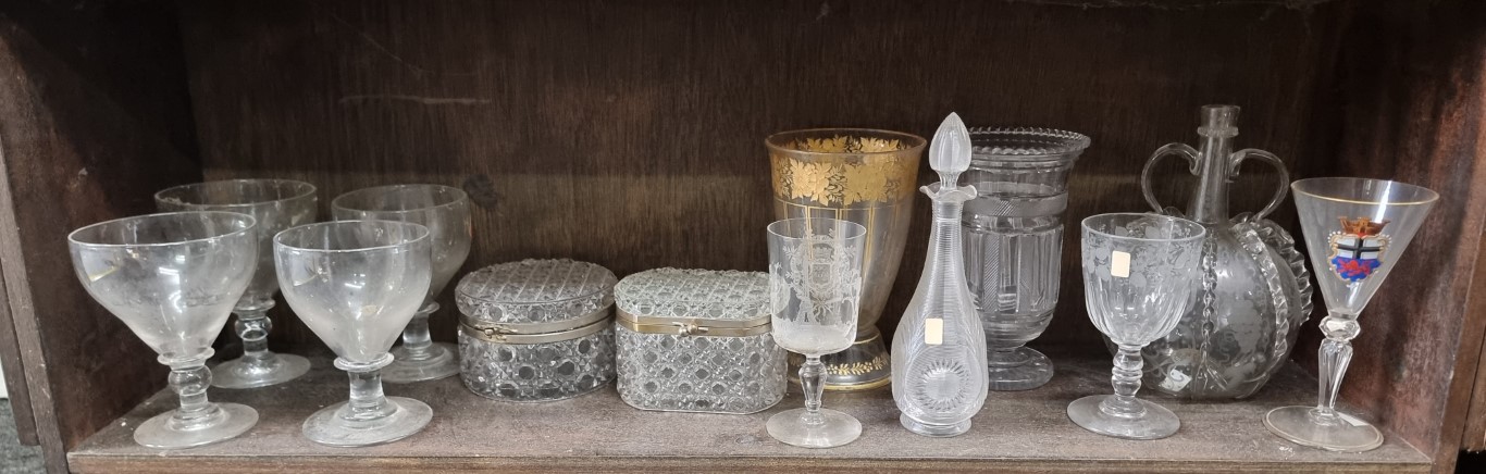 A mixed group of antique glass, to include two pairs of rummers; a celery vase; hobnail caskets etc.