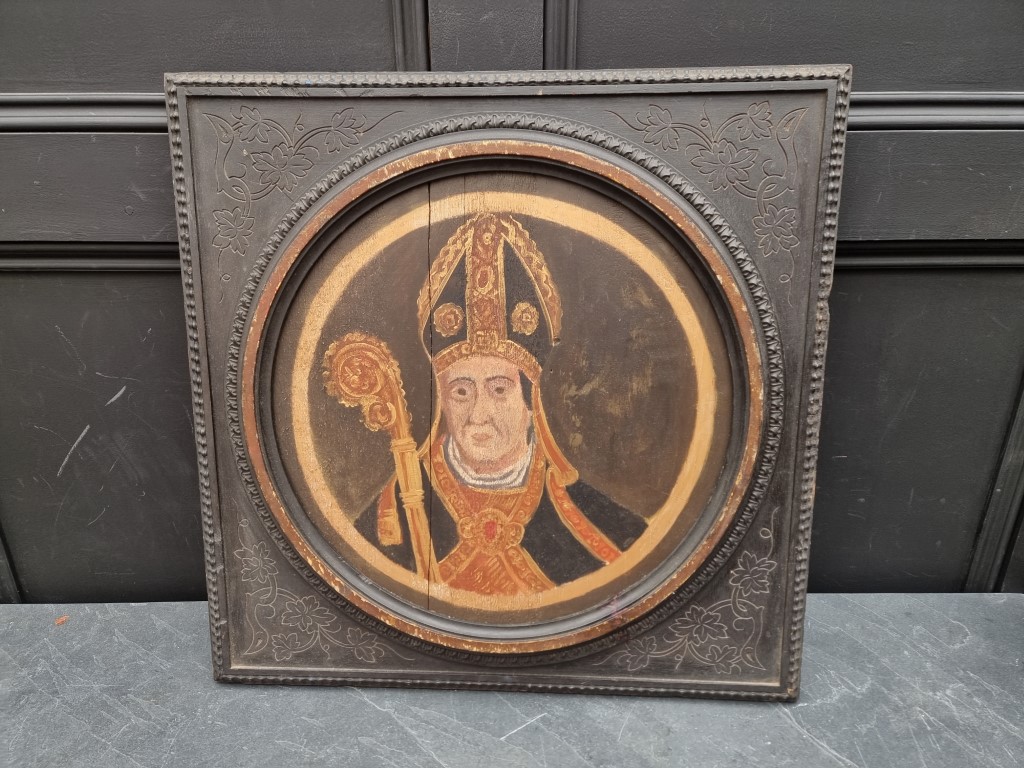 European school, 19th century, head and shoulders portrait of a bishop with a crozier, 39cm