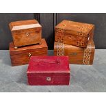 A George III burr yew and line inlaid tea caddy, with bone escutcheon, 18cm wide; together with four