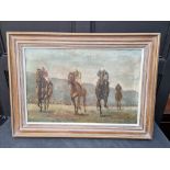 Liz Taylor, horse racing scene, signed and dated '95, oil on canvas, 50 x 75cm.