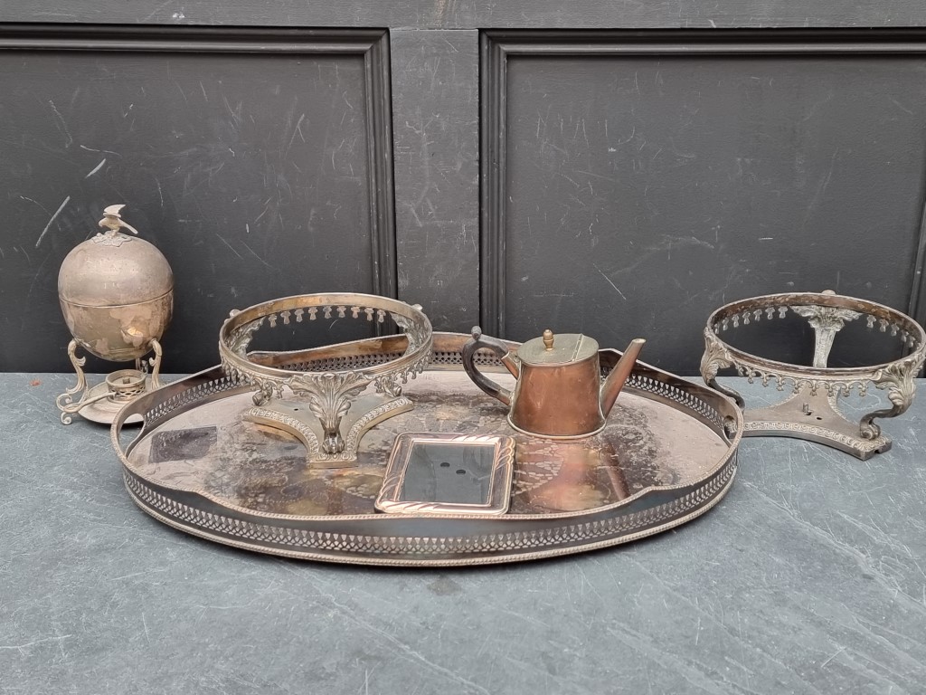 A small group of silver plate, to include a large oval tray, 60cm. (6)