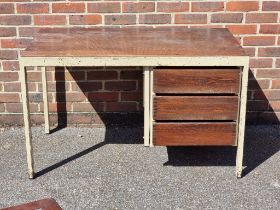 A vintage industrial painted metal and stained pine desk and matching plan chest, each 120cm wide.