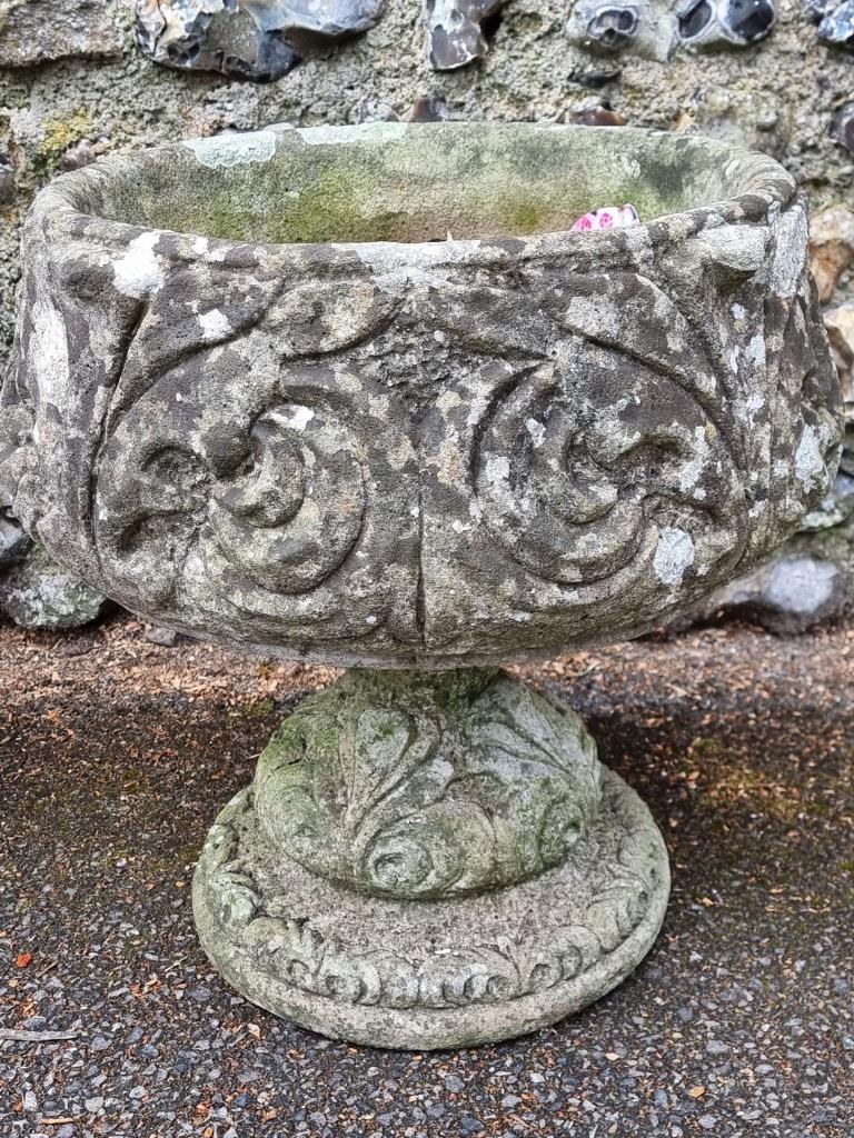 An old pair of weathered composition stone garden pots, 47cm high; together with another pedestal - Image 2 of 3