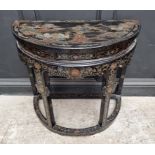 A Chinese black lacquer demi-lune console table and similar armchair, the former 90.5cm wide. (2)