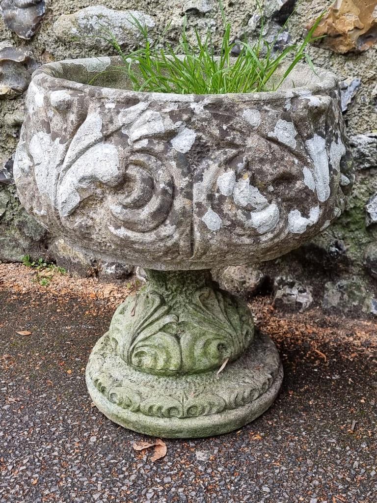 An old pair of weathered composition stone garden pots, 47cm high; together with another pedestal - Image 3 of 3