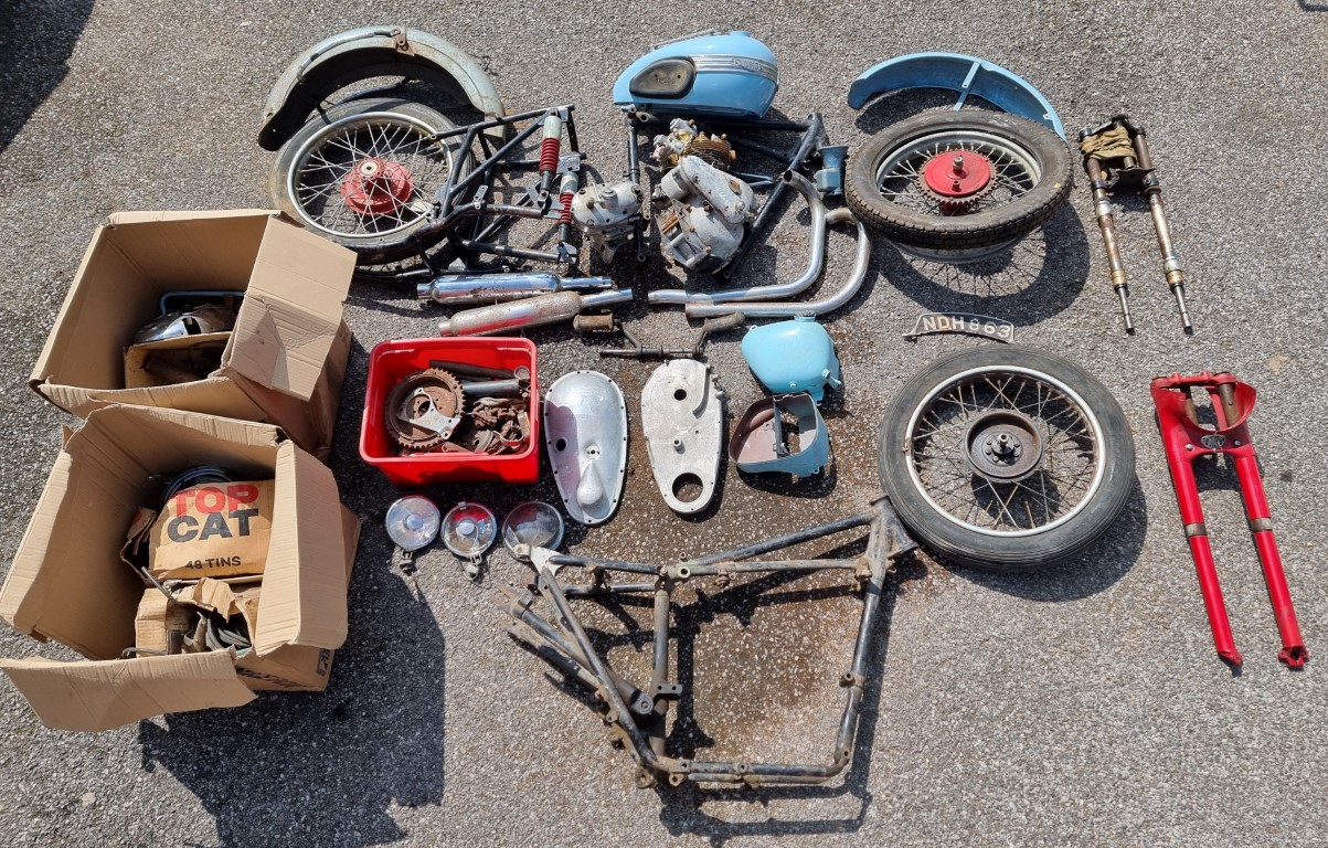A 1960s Triumph Thunderbird motorcycle, disassembled, (possibly lacking some elements and with