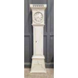 An antique Danish white painted eight day longcase clock, 205cm high, with weights and pendulum.