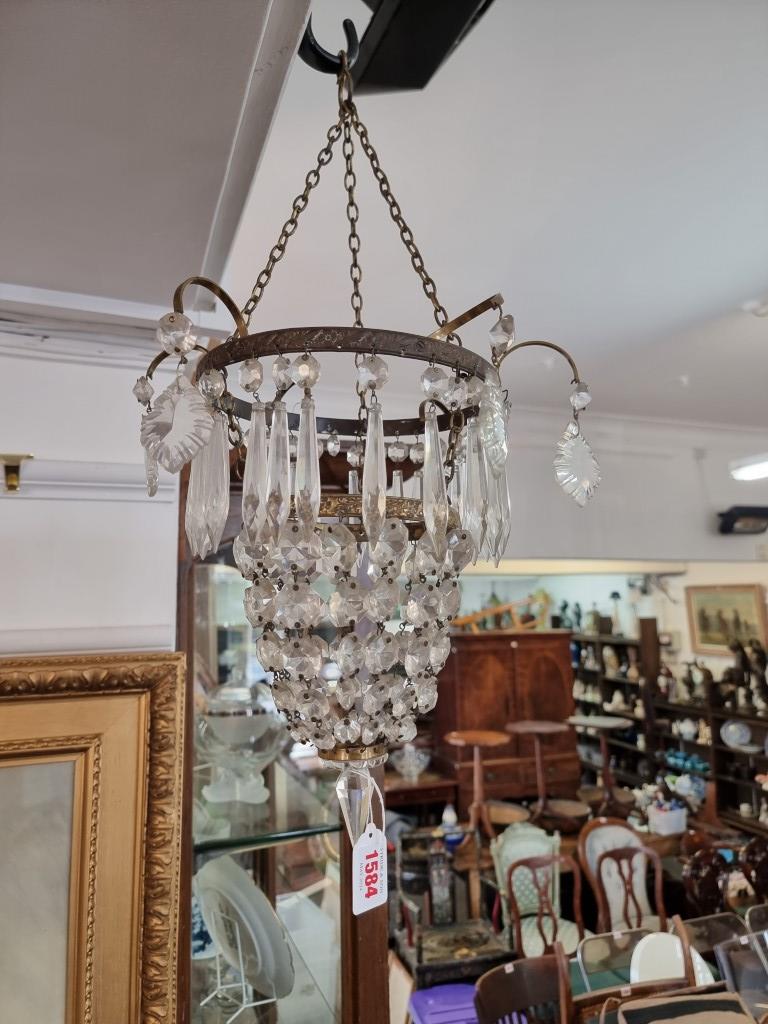 An old brass and faceted bead bag chandelier, approx 30cm high.
