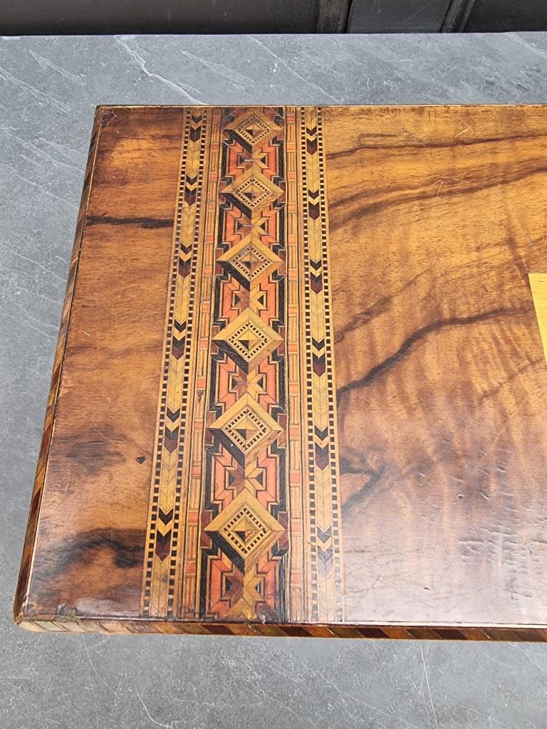 A Victorian figured walnut and parquetry writing slope, 50cm wide. - Image 10 of 11