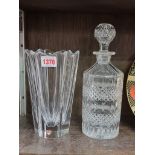 An Orrefors clear glass vase, 20cm high; together with an old cut glass decanter and stopper. (2)