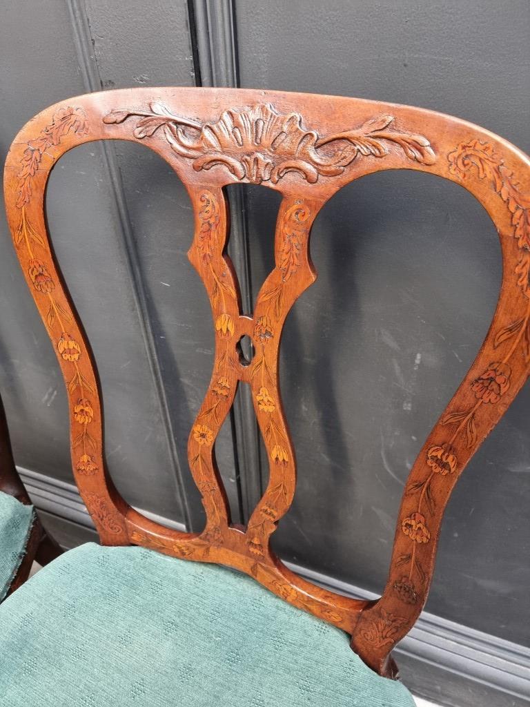 A set of three 18th century Dutch carved walnut and marquetry dining chairs. (3) - Image 3 of 4