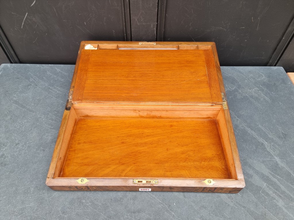 A Victorian figured walnut and parquetry writing slope, 50cm wide. - Image 3 of 11