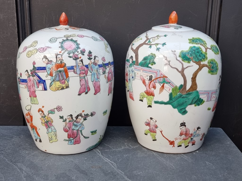 A pair of Chinese famille rose ovoid jars and covers, 31.5cm high. - Image 2 of 6