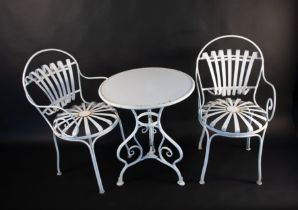 Two steel ribbon back carver garden chairs with cafe table
