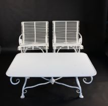 Two Arras style steel ladderback garden chairs with side table