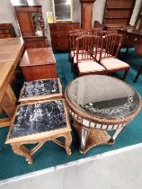Pair of marble topped Giltwood side tables (a/f) plus Art Deco mirrored two tier round table