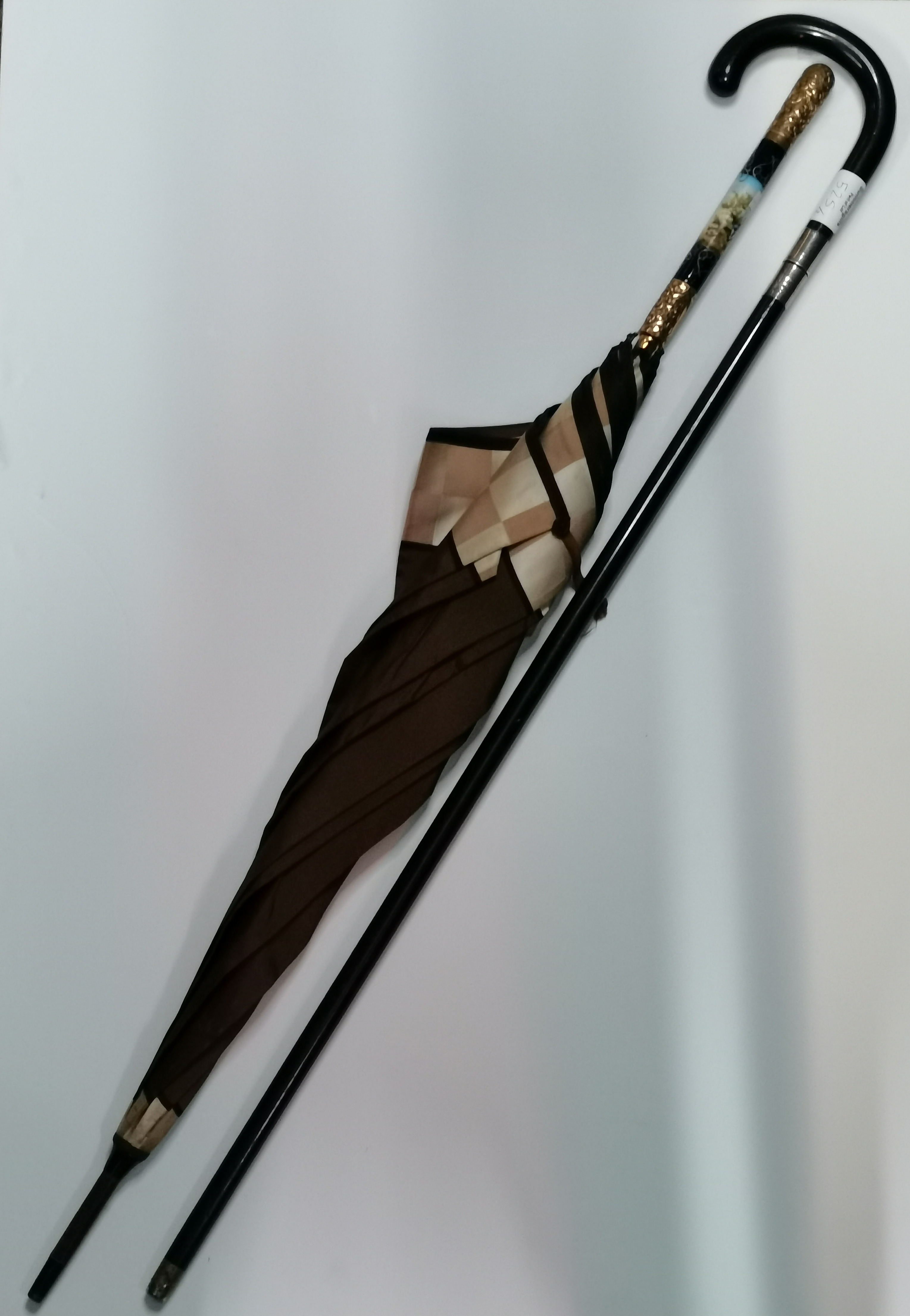 A George VI silver-mounted ebonised sword stick, and an 18ct gold-plated and enamel handled parasol - Image 2 of 10