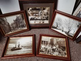 A quantity of framed black and white photographs, and an oil painting