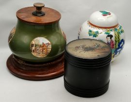 A Chinese tea caddy plus paper mache tea caddy plus ginger jar