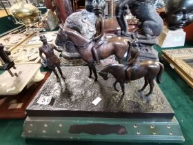 A bronze equine figure group trophy on plinth, 20th Century