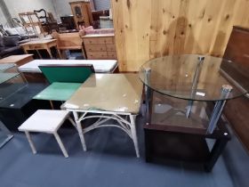 A collection of tables including Card table, x2 glass topped coffee tables x3 garden tables