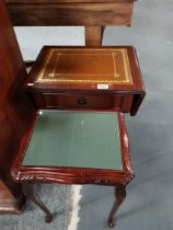 Vintage Brown Leather and Gold Leaf side table with 2 drop leafs. plus small side table