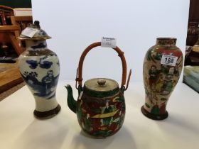 x3 Oriental antique pieces - Teapot, blue and white vase and coloured vase