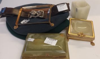 x 3 Green onyx pieces plus Vintage Cubs belt, berets and buckle