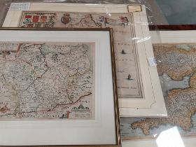 Box of Framed and antique Maps including 1662 "Northumberland" by J Blaeu Cartographer