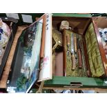 A box lot of mirrors , pictures and boxed cutlery etc