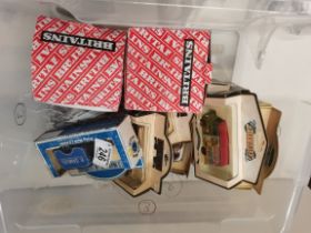 Box of Brittains figures, die-cast cars, vans etc