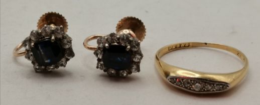 A yellow metal and white-stone ring, and a pair of earrings