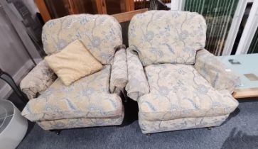 x2 Duresta Ruskin Chairs upholstered in yellow fabric with blue flowers