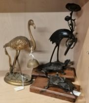 A Japanese bronze candlestick of a crane and chimera turtle, etc.