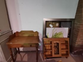 Pine Wash stand and Pine wall unit with stained glass centre door