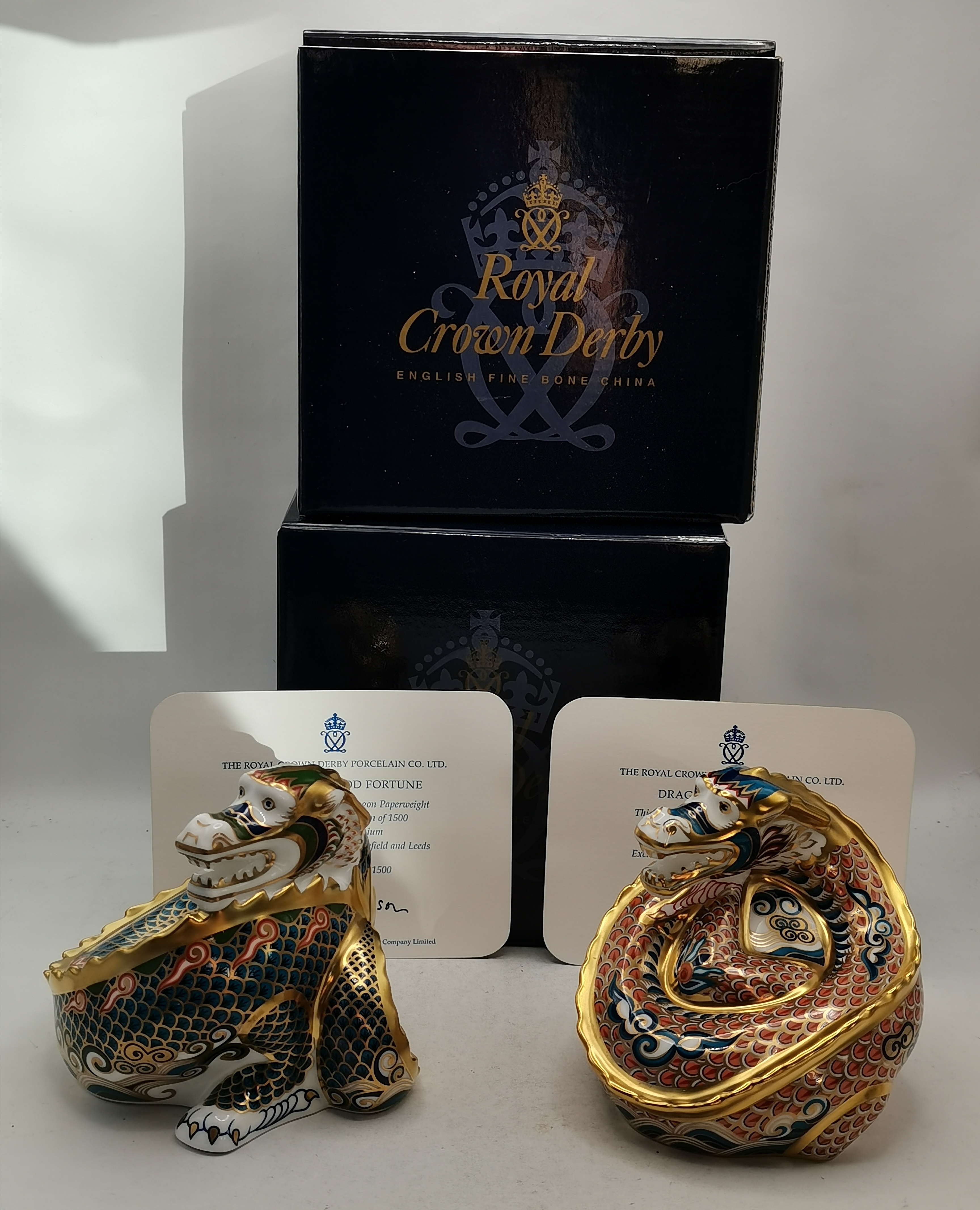 Royal Crown Derby Paperweights - A Pair of Dragons