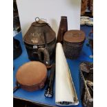 Two 19th Century black japanned tin hat boxes, a metal loud hailer, a brass bugle, a Maglite torch,