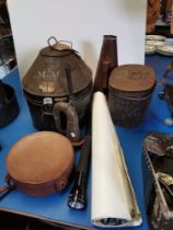 Two 19th Century black japanned tin hat boxes, a metal loud hailer, a brass bugle, a Maglite torch,