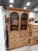 Antique Pine display cabinet with drawers to base and glazed door to top