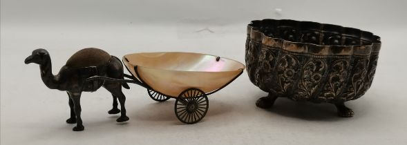 An Edwardian novelty silver and mother-of-pearl pin cushion, and a foreign white-metal bowl