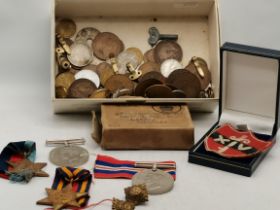 Medals, George V coins, WW2 Defence medal etc