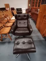 Vintage Retro Danish Brown Leather Swivel Chair and foot stool by Lystolet Lystager